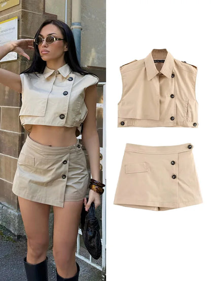 Anna Set Top + shorts elegant slim casual with zipper