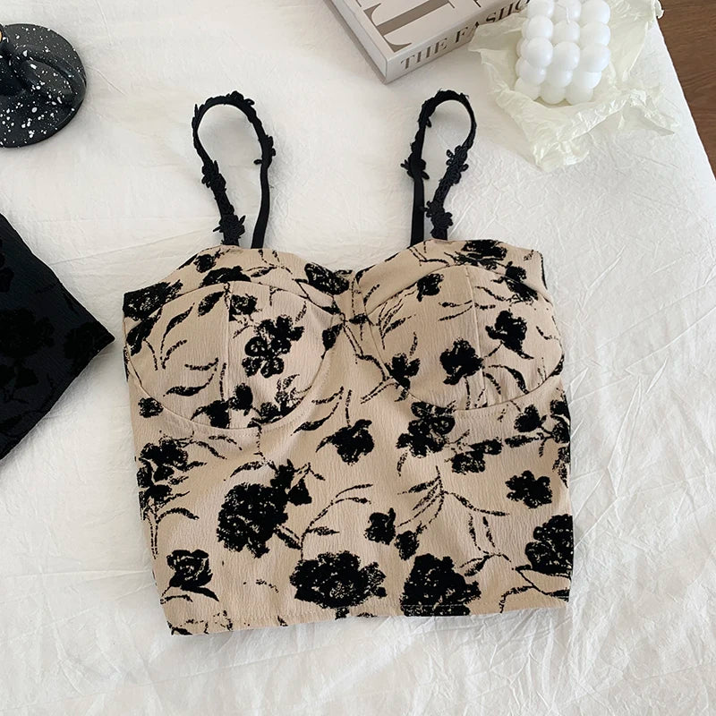 Megan crop top with thin straps and contrasting lace