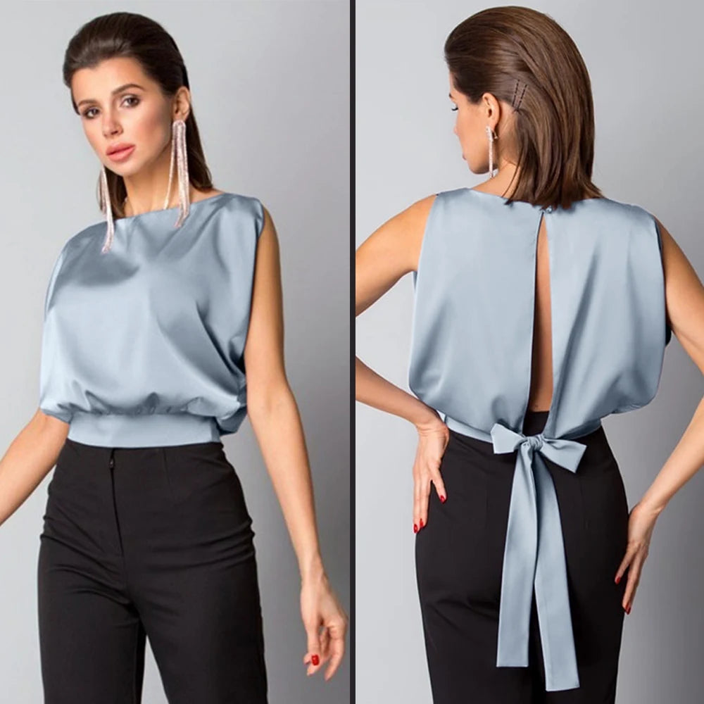 Charmy plain satin blouse with bow, sleeveless, open back, round neck