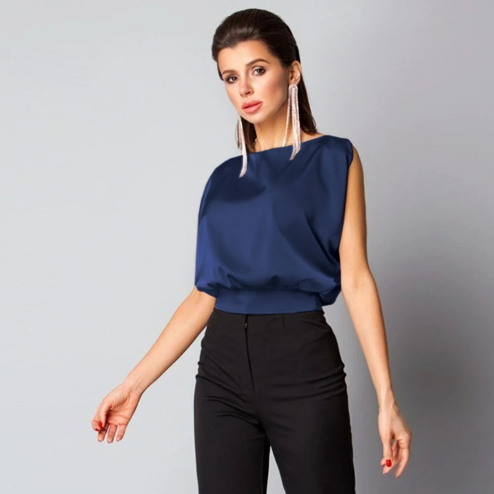 Charmy plain satin blouse with bow, sleeveless, open back, round neck