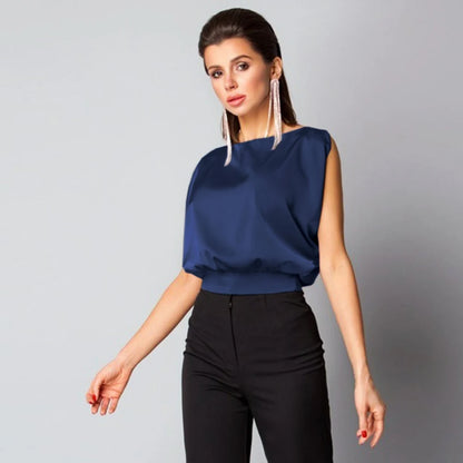 Charmy plain satin blouse with bow, sleeveless, open back, round neck