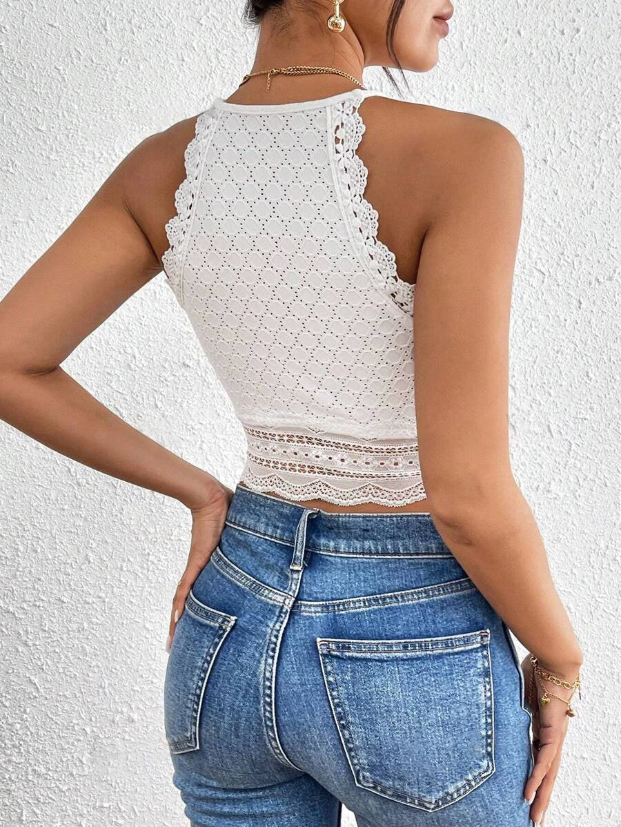Ellen crop top with thin straps and contrasting lace - Geometric pattern