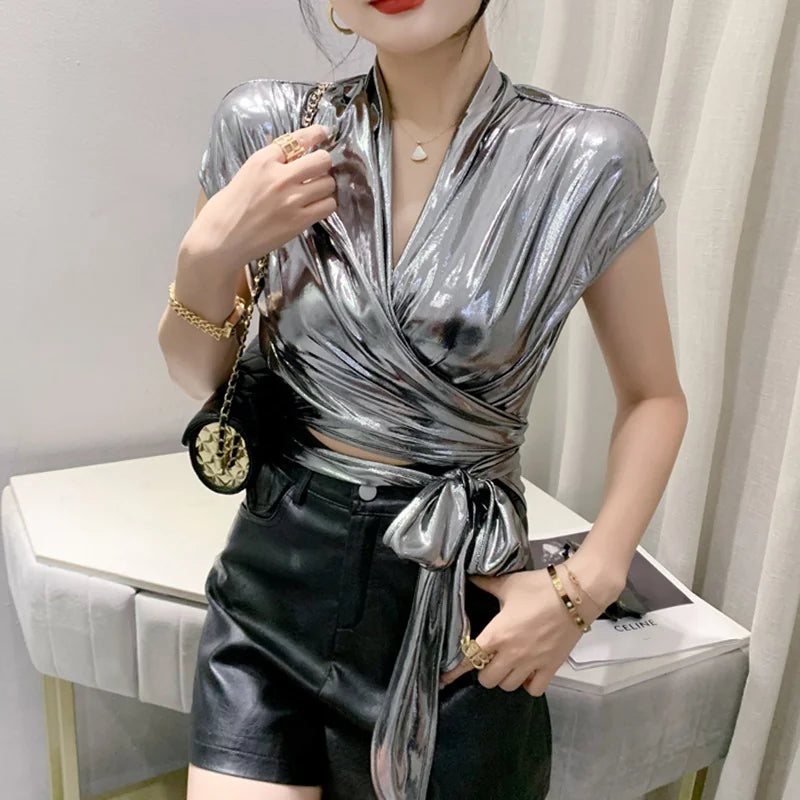 Luna – Streetwear Shiny Wrap Blouse